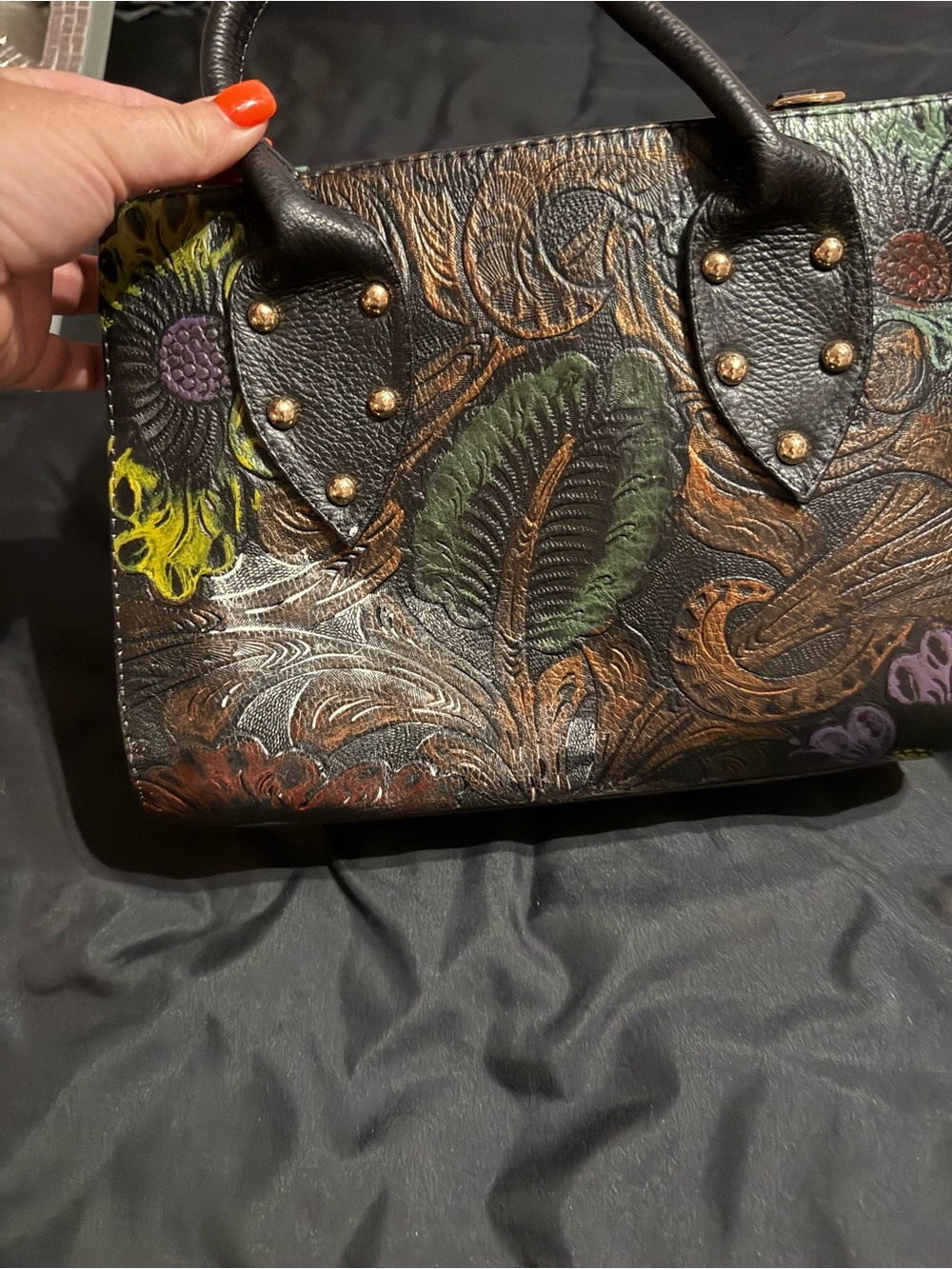 Black Floral Embossed Leather Satchel - Artisan Style